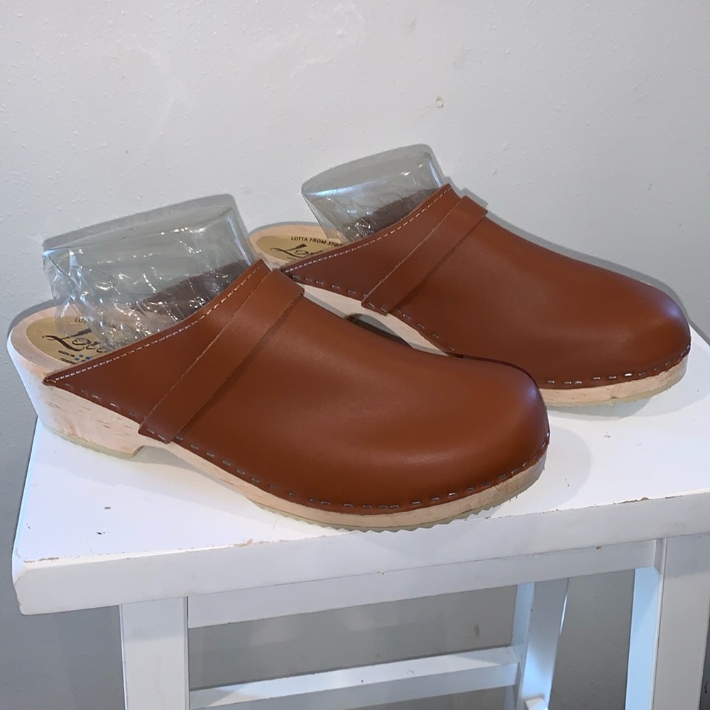 LOTTA FROM STOCKHOLM TAN CLOGS HANDMADE IN SWEDEN SIZE 46 vegan leather